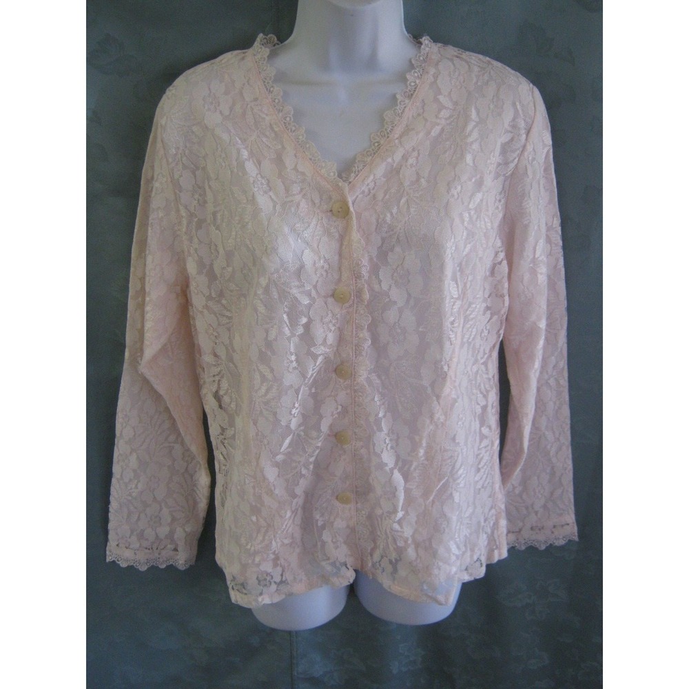 Vintage Bedford Fair Lace Bed Jacket Size Medium PInk & White Button Front